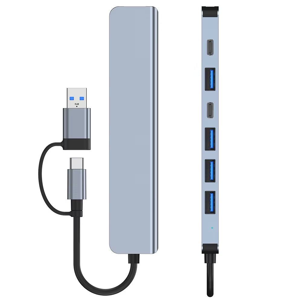 Aluminum 7-in-1 USB C Hub and Splitter with USB 3.0, 4 USB 2.0 Ports, and 2 USB C Ports