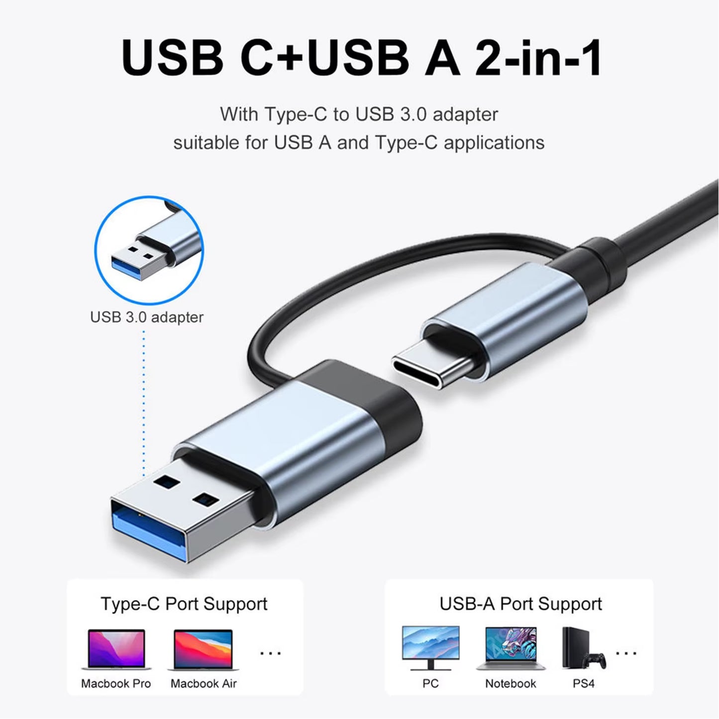 Aluminum 7-in-1 USB C Hub and Splitter with USB 3.0, 4 USB 2.0 Ports, and 2 USB C Ports