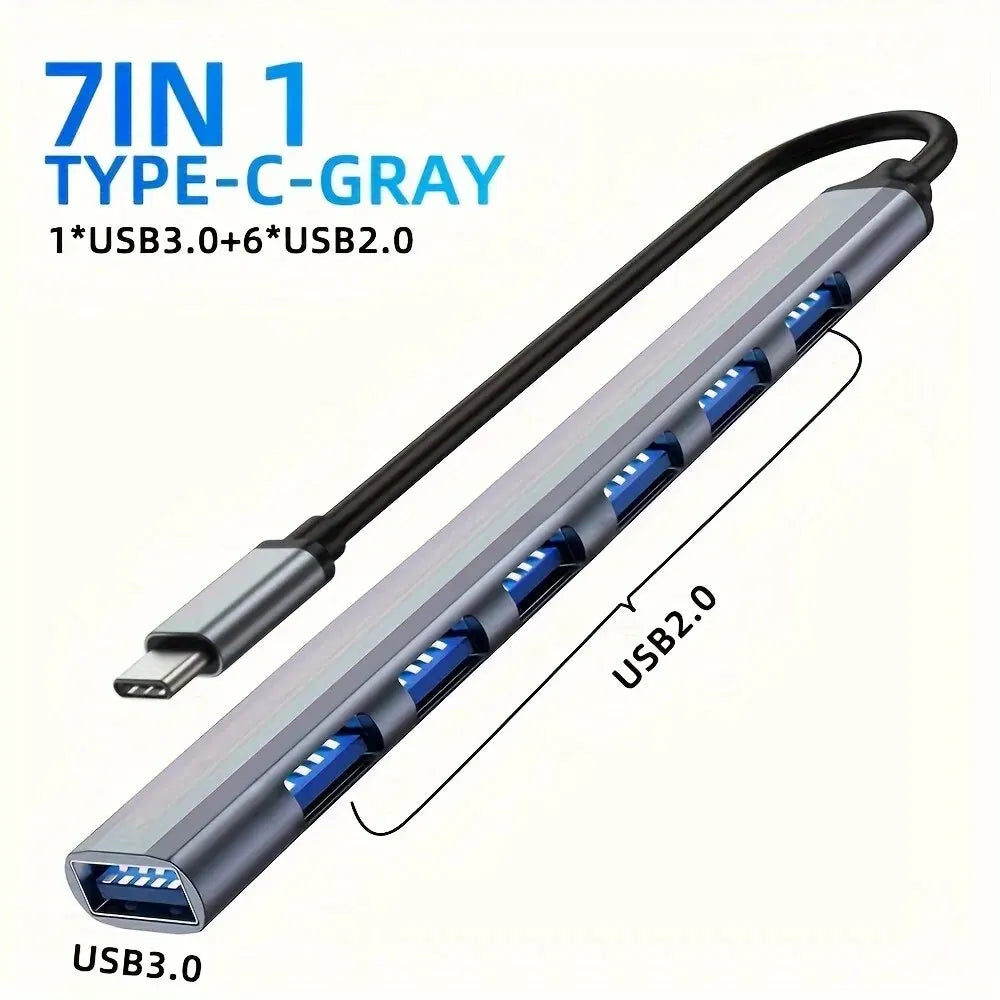 Aluminum 7-in-1 USB C Hub and Splitter with USB 3.0, 4 USB 2.0 Ports, and 2 USB C Ports