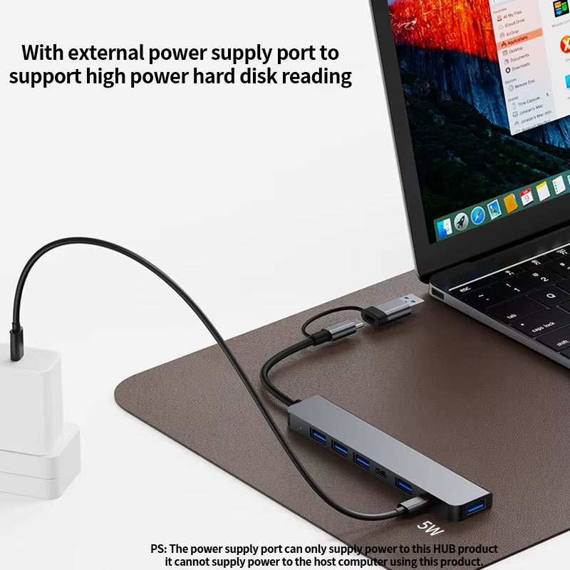 Aluminum 7-in-1 USB C Hub and Splitter with USB 3.0, 4 USB 2.0 Ports, and 2 USB C Ports