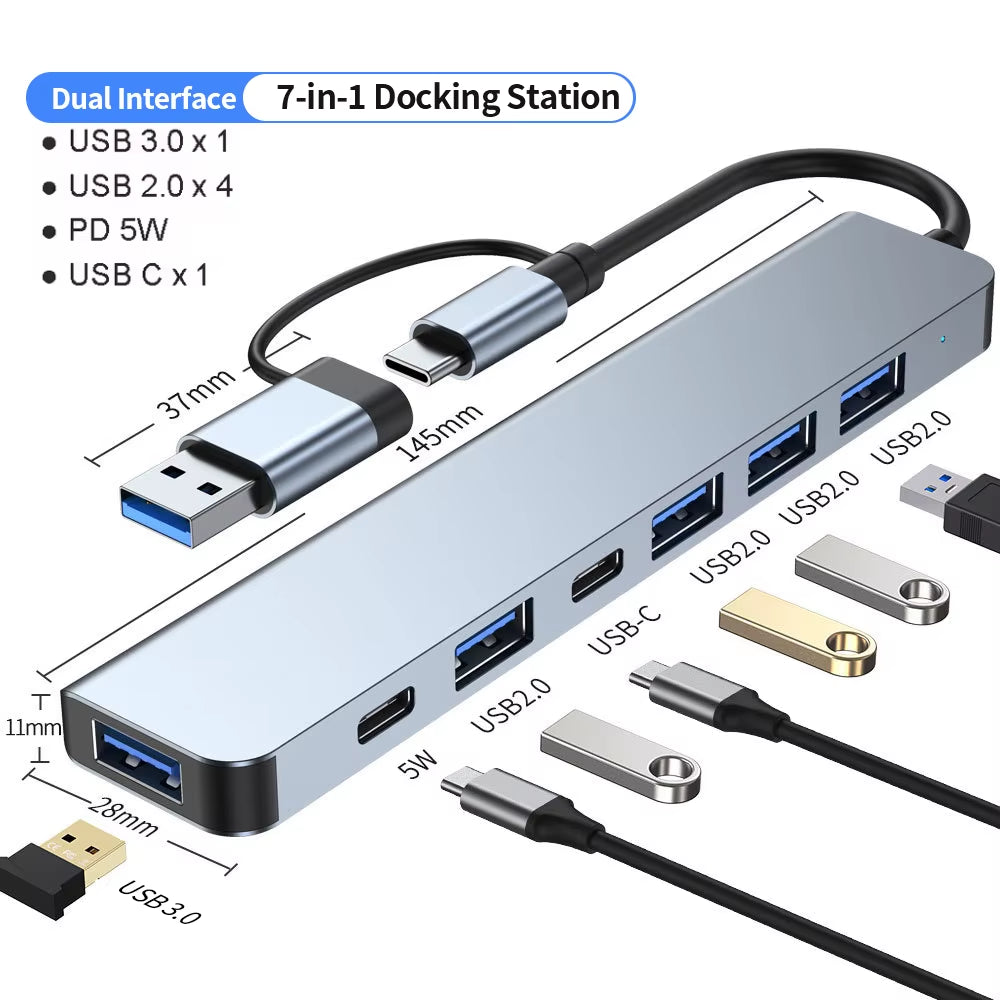 Aluminum 7-in-1 USB C Hub and Splitter with USB 3.0, 4 USB 2.0 Ports, and 2 USB C Ports