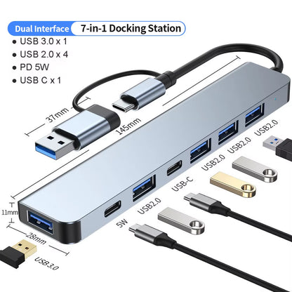 Aluminum 7-in-1 USB C Hub and Splitter with USB 3.0, 4 USB 2.0 Ports, and 2 USB C Ports